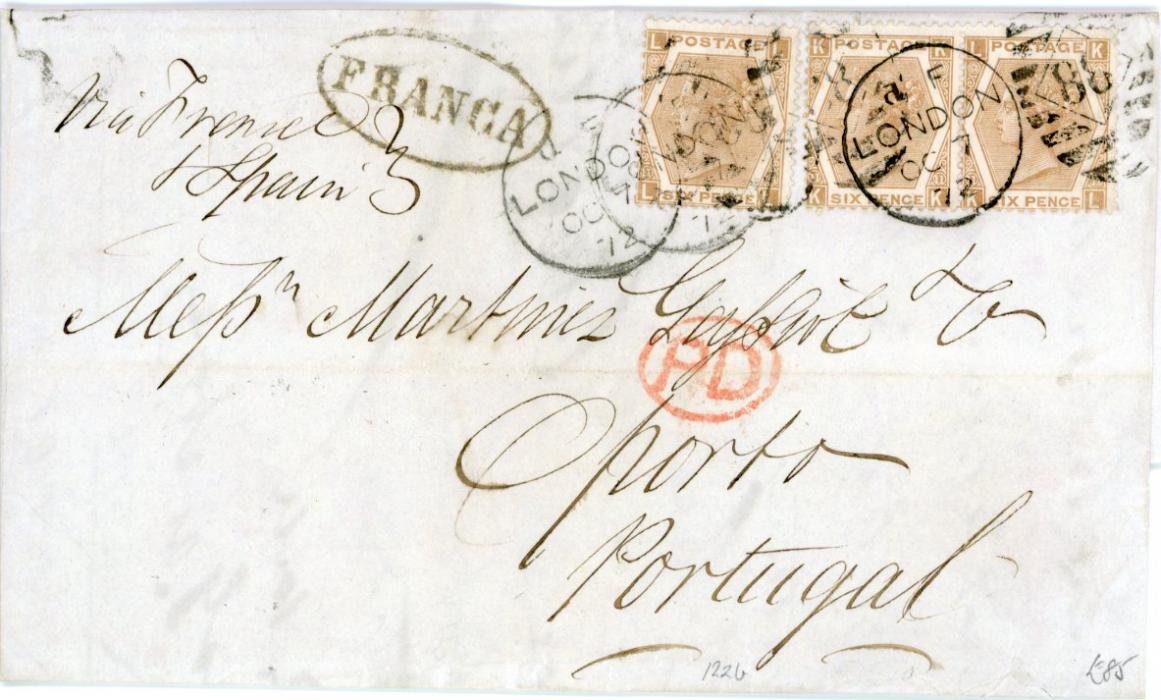 GREAT BRITAIN / PORTUGAL GREAT BRITAIN / PORTUGAL: 1872 (OC 7) Entire to Portugal franked 1872 6d pale chestnut plate 11 (pair + single) tied by London cdss, oval FRANCA hs alongside and Porto arrival (15 10), 1s6d rate for a letter not exceeding 3/4oz, fine.