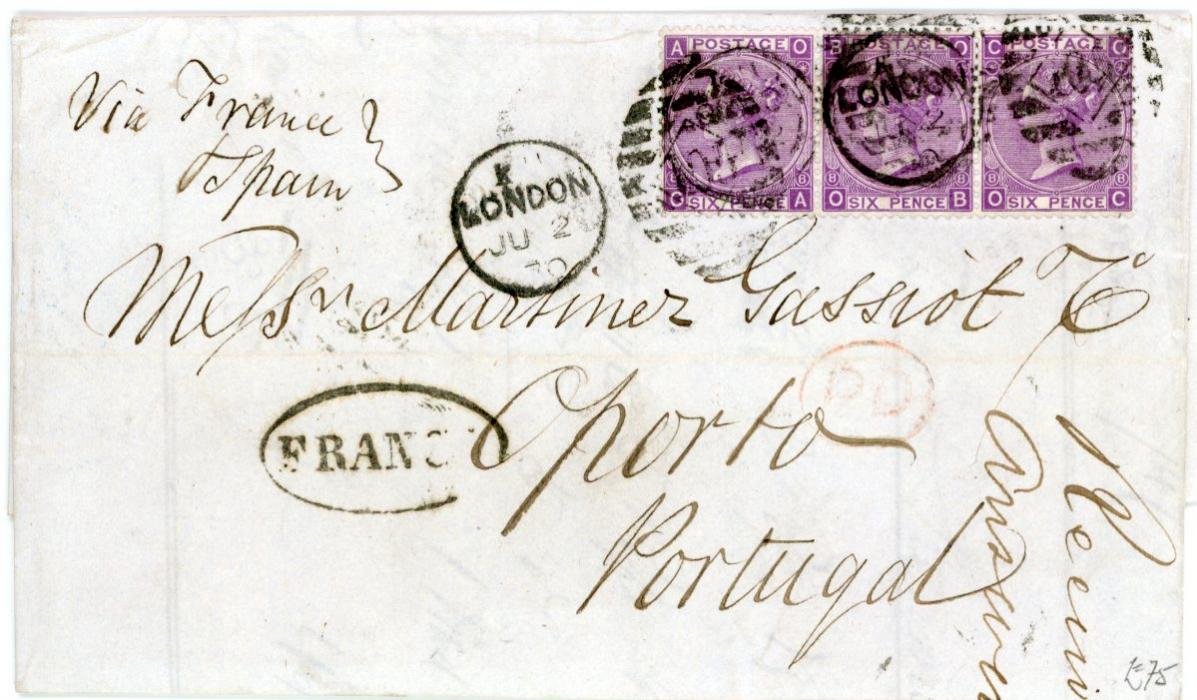 GREAT BRITAIN / PORTUGAL GREAT BRITAIN / PORTUGAL: 1870 (JU 2) entire to Portugal franked 1869 6d mauve plate 8 strip of 3 tied by London duplex, oval FRANCA alongside, Porto arrival (7 JUN), very fine.