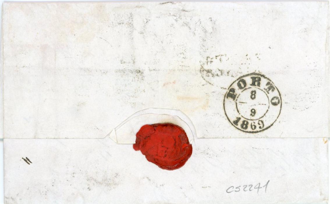 GREAT BRITAIN / PORTUGAL GREAT BRITAIN / PORTUGAL: 1869 (SP 3) entire to Portugal franked 1869 mauve plate 8 (2 pairs + 2 singles - 1 with fault) + 1d red pl.124 tied by 1L London duplex, fine & high franking.
