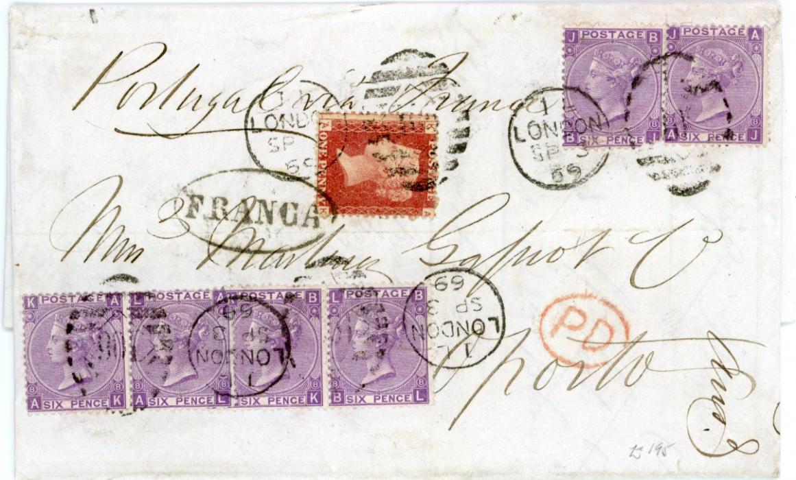 GREAT BRITAIN / PORTUGAL GREAT BRITAIN / PORTUGAL: 1869 (SP 3) entire to Portugal franked 1869 mauve plate 8 (2 pairs + 2 singles - 1 with fault) + 1d red pl.124 tied by 1L London duplex, fine & high franking.
