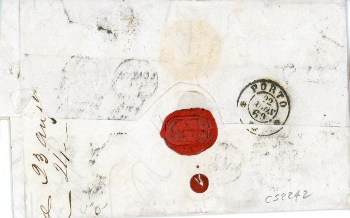GREAT BRITAIN / PORTUGAL GREAT BRITAIN / PORTUGAL: 1869 (AU 17) entire to Porto franked 6d mauve plate 8 (2 strips of 3 + single) tied by London I W duplex with arrival bs (25 AG), some peripheral wrinkling, scarce & attractive high franking.