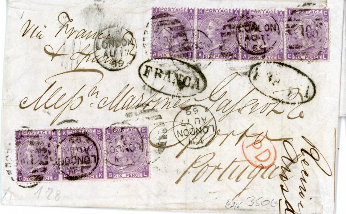 GREAT BRITAIN / PORTUGAL GREAT BRITAIN / PORTUGAL: 1869 (AU 17) entire to Porto franked 6d mauve plate 8 (2 strips of 3 + single) tied by London I W duplex with arrival bs (25 AG), some peripheral wrinkling, scarce & attractive high franking.