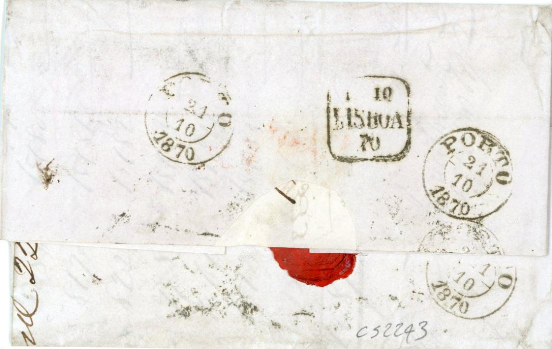 GREAT BRITAIN / PORTUGAL GREAT BRITAIN / PORTUGAL: 1870 (OC 4) entire to Porto franked 6d deep mauve (4 pairs - 1 defective) tied London duplex with boxed P.BRIT. alongside, Lisboa transit and Porto (21 10) arrival bss, fine.