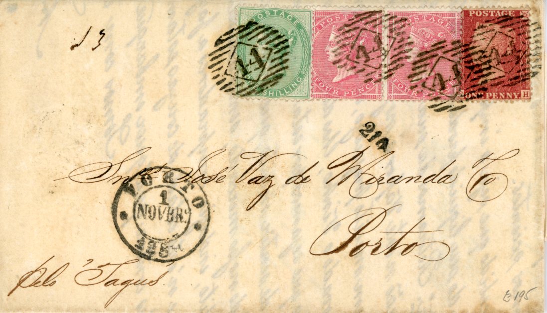 GREAT BRITAIN / PORTUGAL GREAT BRITAIN / PORTUGAL: 1858 (20 10) entire to Porto franked 1855-57 4d pair + 1857 1s + 1d red tied by barred numeral 44 with arrival cds alongside and ms annotation pelo 