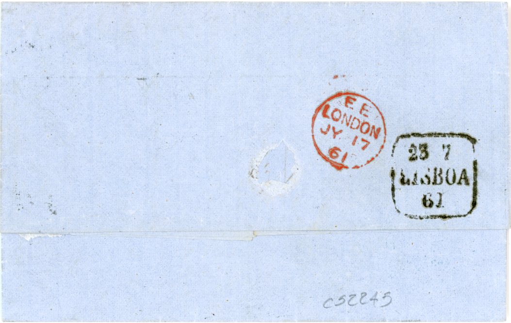 GREAT BRITAIN / PORTUGAL GREAT BRITAIN / PORTUGAL: 1861 (JY 16) entire to Portugal franked 1857 4d rose-carmine tied by very fine Bradford Yorks 107 duplex with red EE/London transit (JY 17) & Lisboa arrival (23 7) bss, endorsed via Southampton taxed 80 hs on arrival, very fine.