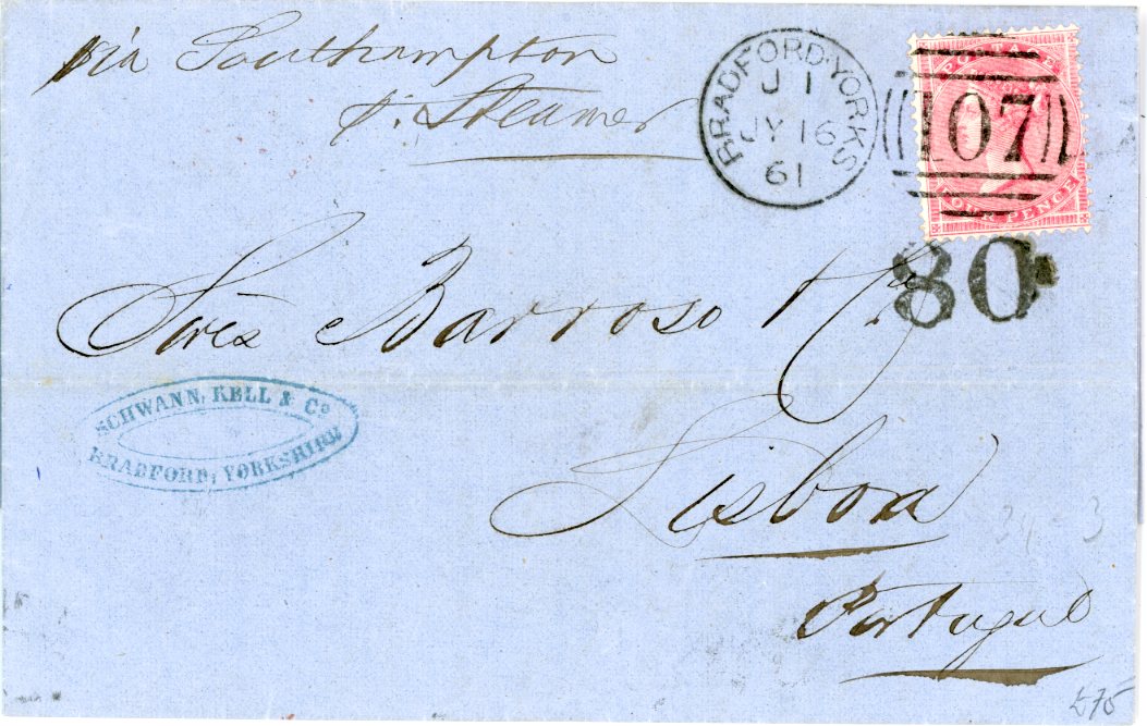 GREAT BRITAIN / PORTUGAL GREAT BRITAIN / PORTUGAL: 1861 (JY 16) entire to Portugal franked 1857 4d rose-carmine tied by very fine Bradford Yorks 107 duplex with red EE/London transit (JY 17) & Lisboa arrival (23 7) bss, endorsed via Southampton taxed 80 hs on arrival, very fine.