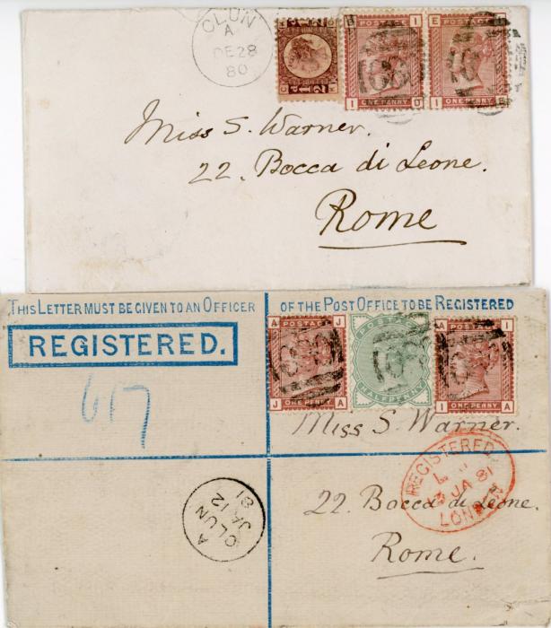 GREAT BRITAIN GREAT BRITAIN: 1880 1d Venetian Red frankings on 2 covers to the same addressee in Rome. Pair in combination with 1870-79 1/2d + 1881 (13 JA) registered 2d stationery envelop franked 2 singles in combination with 1880 1/2d green (small corner fault to env.) all cancelled 080 3VS numeral (Clun), previously only known from proof book entries.