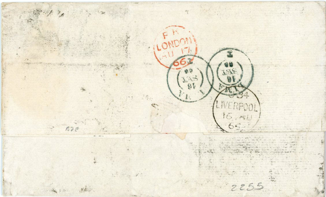 GREAT BRITAIN / PERU GREAT BRITAIN / PERU: 1866 (16 AU) Entire from Liverpool to Peru franked 1865 1s green plate 4 horiz. strip of 4 with wing margin + 1d red plate 78 tied by 466 barred cancel, on reverse J34/Liverpool cds, F.K. London AU in red, Lima 16 Set arrival, endorsed 