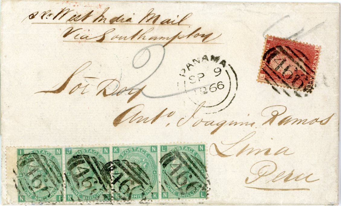 GREAT BRITAIN / PERU GREAT BRITAIN / PERU: 1866 (16 AU) Entire from Liverpool to Peru franked 1865 1s green plate 4 horiz. strip of 4 with wing margin + 1d red plate 78 tied by 466 barred cancel, on reverse J34/Liverpool cds, F.K. London AU in red, Lima 16 Set arrival, endorsed 