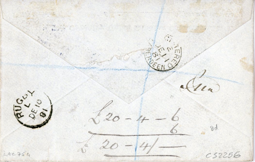 GREAT BRITAIN GREAT BRITAIN: 1881 (10 DE) privately printed Registered envelope to Aberdeen franked 3d pl. 21 cancelled Coventry barred numeral and oval registered Coventry both in blue with Rugby L De 10 transit, Aberdeen arrival, backflap torn, very fine.