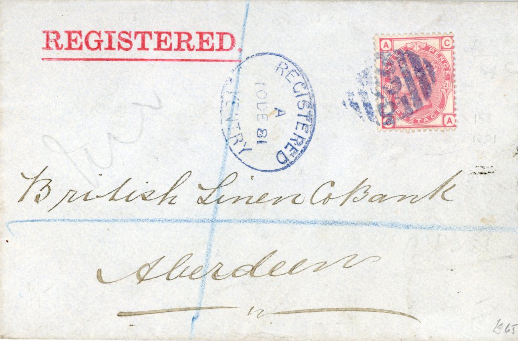 GREAT BRITAIN GREAT BRITAIN: 1881 (10 DE) privately printed Registered envelope to Aberdeen franked 3d pl. 21 cancelled Coventry barred numeral and oval registered Coventry both in blue with Rugby L De 10 transit, Aberdeen arrival, backflap torn, very fine.