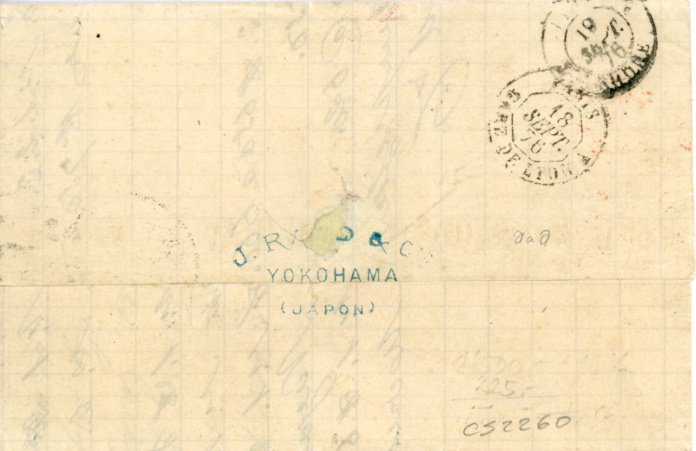 JAPAN JAPAN: 1876 (AU 12) Entire to France franked LH marginal 1875 10s ultramarine tied by cork cancel with red YOKOHAMA PAID cds alongside, sent via San Francisco (AU 29), New York (5 9) , 5./CENTS. hs in red denoting credit paid to USA from Japan, French Etats-Unis paquebot (18 sept), Lyons arrival (19/9), very fine. Cert. Karl Kruger.