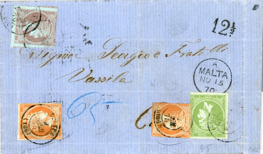 MALTA / GREECE MALTA / GREECE: 1870 (NO 15) Folded letter to Corfu with local rate mkg hs 12 1/2, rated on arrival 65 in blue crayon with large Hermes Heads 5c + 10c (2) + 40c, very mixed margins, all tied by faint Kerkyra cds, various transit bss incl. Catania, Messina & Gallipoli.