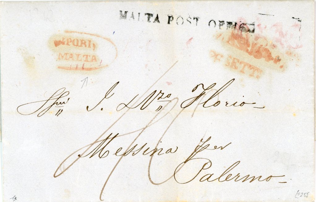 MALTA MALTA: 1846 (24 Set) Folded cover to Messina per Palermo, hs boxed (barely visible) MALTA POST OFFICE with the very scarce maritime marking VAPORI/MALTA oval hs in red, Italy arrival for 26 AG in red, v.fine.