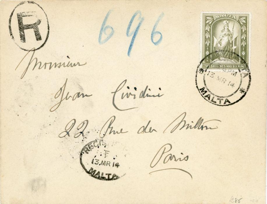 MALTA MALTA: 1914 (13 MR) envelope registered to France franked 1899-1901 2s6d olive-grey tied by Valetta cds, oval R and Registered Malta oval ds n association, Paris arrival (16 30, fine.