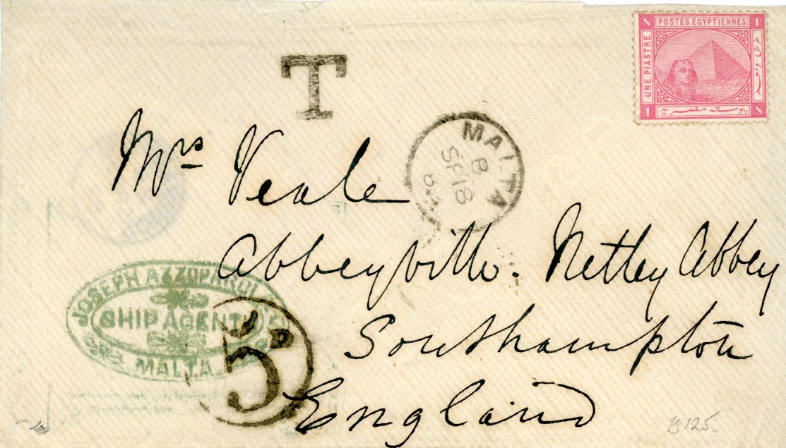 MALTA MALTA: 1882 (SP 18) Envelope to England franked only with Egypt 1pi rose pyramid uncancelled, Malta despatch, T applied and circular 5 tax marking hs, fine Azzopardi Ship Agents company cachet, Southampton SP 23 arrival bs,fine.