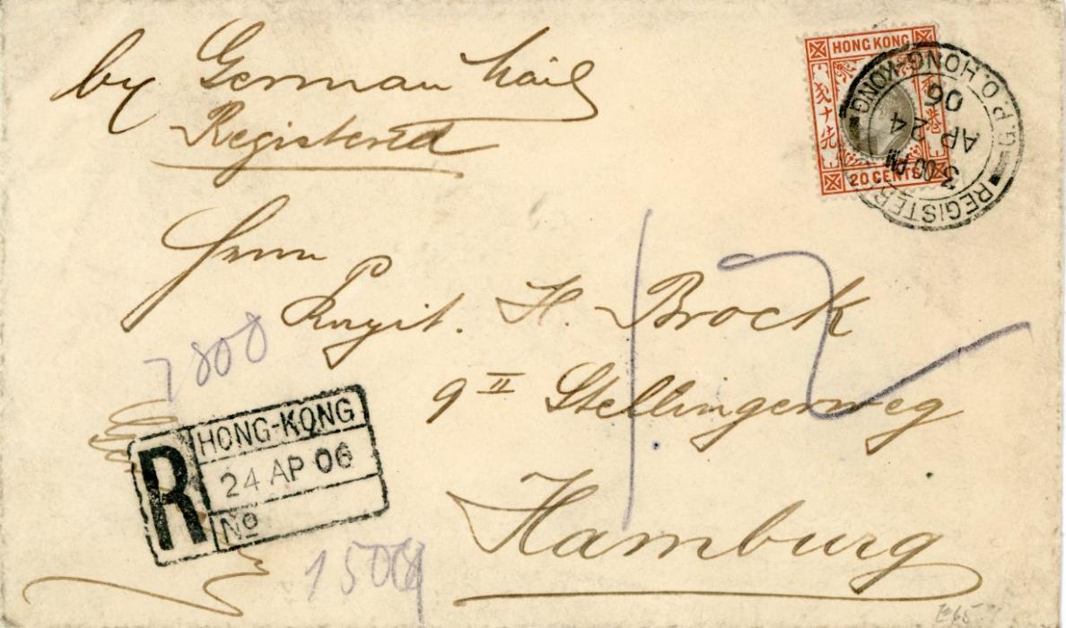HONG KONG HONG KONG: 1906 (AP 24) Registered envelope to Germany with pre-printed KRUSE & Co on backflap franked 1903 20c slate & chestnut tied by Registered GPO HK cds, with boxed segmented Reg. cachet alongside, Hamburg arrival bs (22 5), fine.