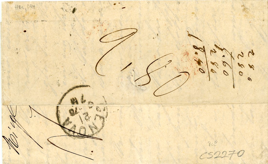 URUGUAY URUGUAY: 1878 (21 5) Entire to Italy franked 1877 5c green roulette strip of 4 taxed on arrival with ms 28, comprising pairs of 10c + 1L and 60c tied by Genova cds, arrival bs, fine appearance