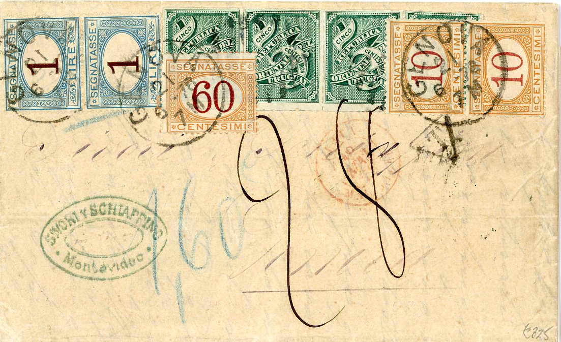 URUGUAY URUGUAY: 1878 (21 5) Entire to Italy franked 1877 5c green roulette strip of 4 taxed on arrival with ms 28, comprising pairs of 10c + 1L and 60c tied by Genova cds, arrival bs, fine appearance