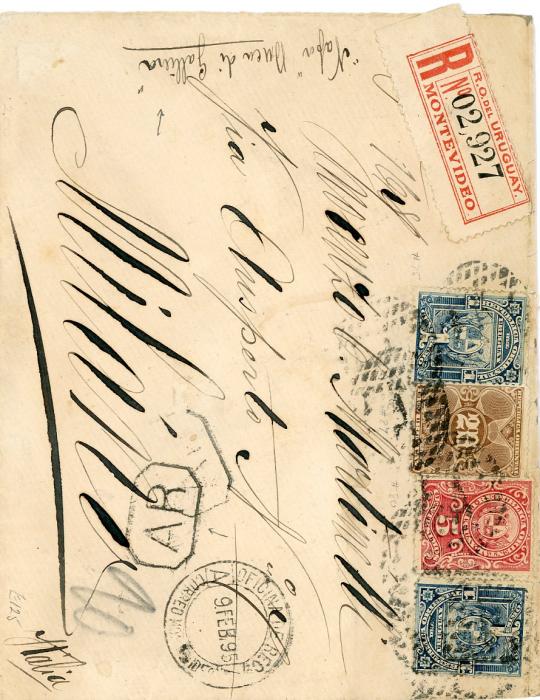 URUGUAY URUGUAY: 1895 (9 Feb) Registered envelope to Italy franked 1894 1c (2) + 5c + 10c tied by oval of dots, Montevideo dispatch and red registration label alongside, octagonal A.R.s, ms notation