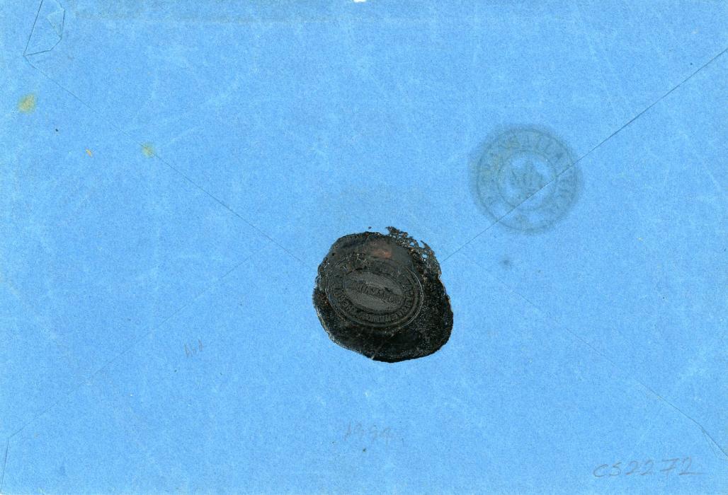 URUGUAY URUGUAY 1875 Blue telegram envelope to Portugal with large red T and Eastern Telgraph Agency Limited cachet franked 1866-76 10c green with thimble Correo Montevideo 12 Oct cds alongside, taxed 150 on arrival, some wrinkling, mostly at top, P.Transatlantico transit backstamp(Brazil), some wrinkling at top