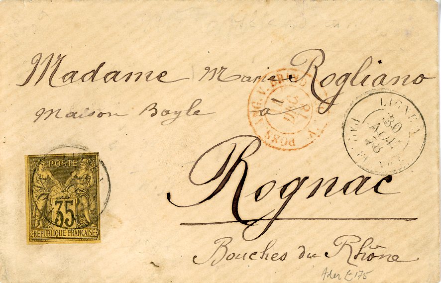 FRENCH COLONIES / ADEN FRENCH COLONIES / ADEN: 1878 envelope to France franked imperf Peaced & Commerce 35c brown on yellow tied by Ligne N Paq.Fr. 30 Nov cds with a further strike alomgside, Sea Post Office B 25 Nov bs and Aden Nov 30, French entry mark in red (14 12), tear to back, highly unusual