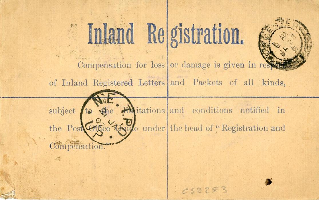 SOUTH AFRICA / BOER WAR SOUTH AFRICA / BOER WAR: 1902 (JA 21) GB QV 2d blue registered stationery envelope to Cape Colony uprated QV 1d lilac pair (uncancelled?) with Springfontein dispatch, Worcester arrival (JA 23), interesting ms annotation 