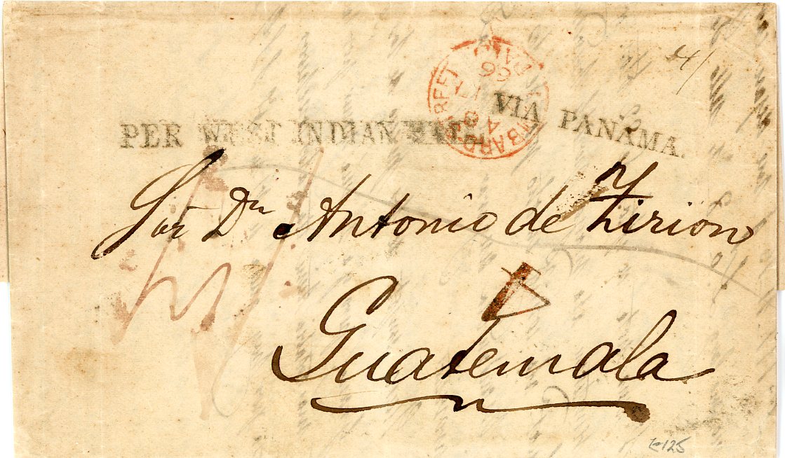 GREAT BRITAIN GREAT BRITAIN: 1866 (15 DE) Entire to GUATEMALA with red Lombard Street Paid dispatch, hs PER WEST INDIAN MAIL and VIA PANAMA, with red 4 due marking on arrival, slightly aged.