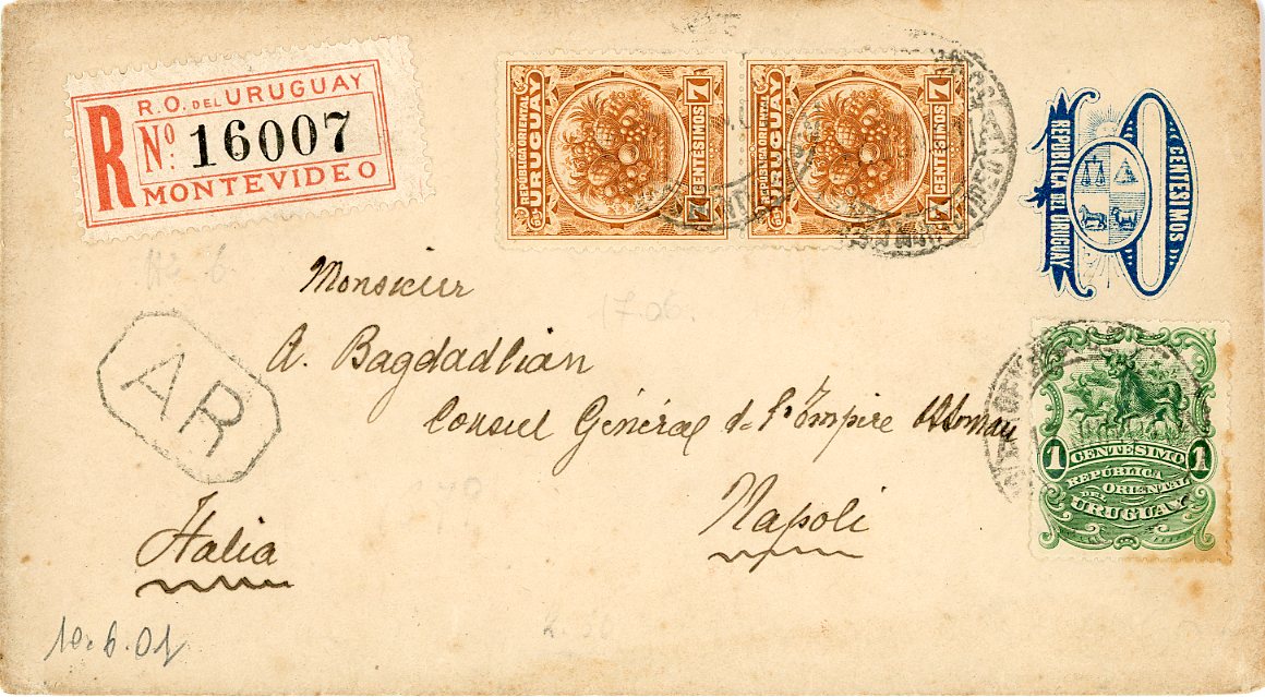 URUGUAY URUGUAY: 1901 1ct (some toning) + 7c orange-brown vertical pair tied by Montevideo cds on 10c blue stationery envelope sent to Naples, Italy with hexagonal AR alongside, arrival bs.
