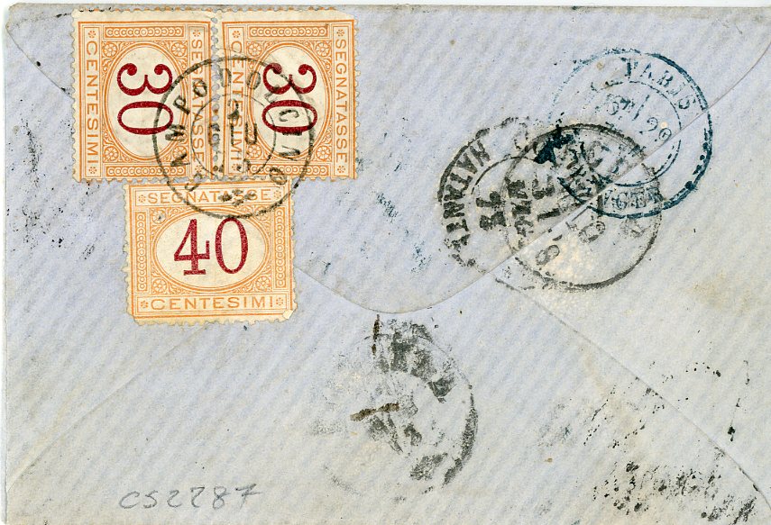 URUGUAY URUGUAY: 1873 (25 Abr) envelope to Italy franked 1866-76 10c with barred cancel and Correo Montevideo cds alongside, rated 10 with boxed F*56 accountancy, franked on reverse Italy postage dues 30c (2) + 40c CAMPODULCINO cds (small perf faults), Paris transit & maritime bs, fine.