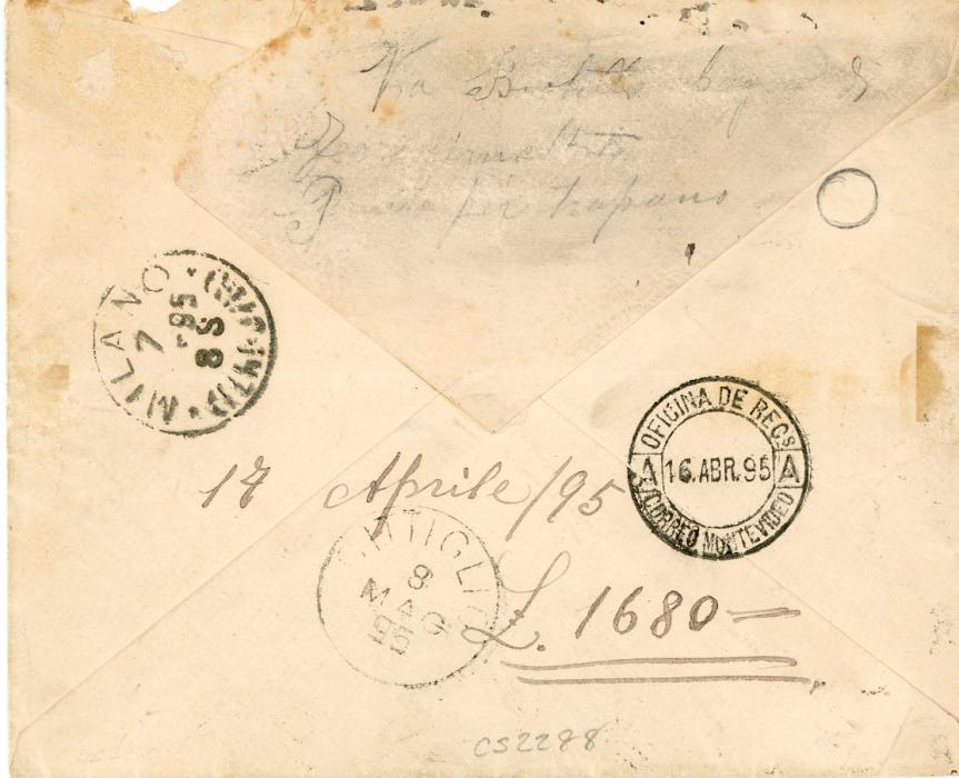 URUGUAY URUGUAY: 1895 (16 Ab) registered envelope to Italy franked 1894 5c carmine-rose + 10c orange vertical pair tied by A in oval of dots, AR hexagonal ds, small part of backflap missing, Milano transit & arrival bss.