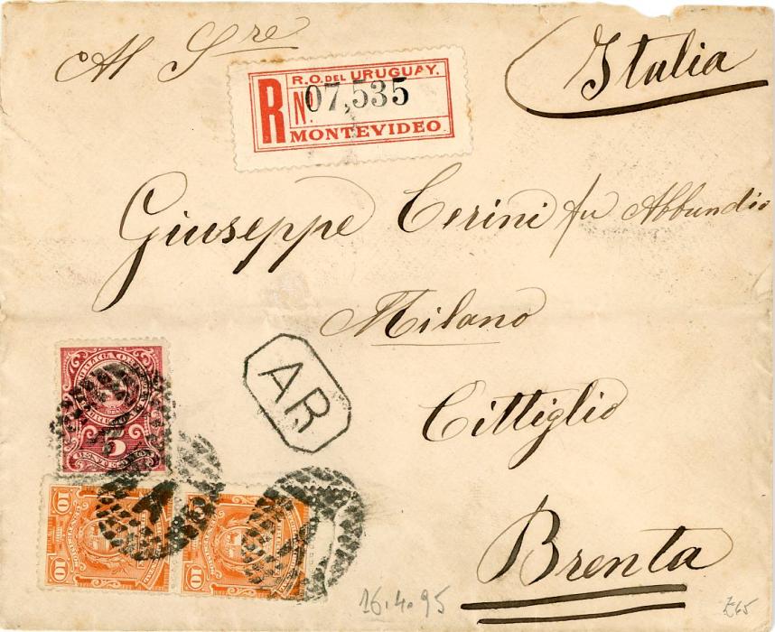URUGUAY URUGUAY: 1895 (16 Ab) registered envelope to Italy franked 1894 5c carmine-rose + 10c orange vertical pair tied by A in oval of dots, AR hexagonal ds, small part of backflap missing, Milano transit & arrival bss.