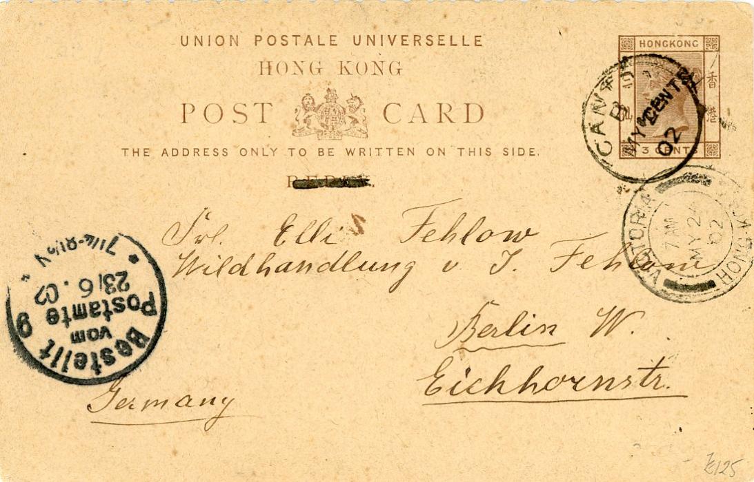 HONG KONG HONG KONG: 1902 (9 5) 4 CENTS surch. on 3c QV stationery reply card (reply crossed out), cancelled CANTON B, addressed to Germany with Victoria HK May 24 transit & Germany arrival (23 6), ms dateline Berlin Mission with full message, surch 4 misprinted and TS showing double ovpt., fine