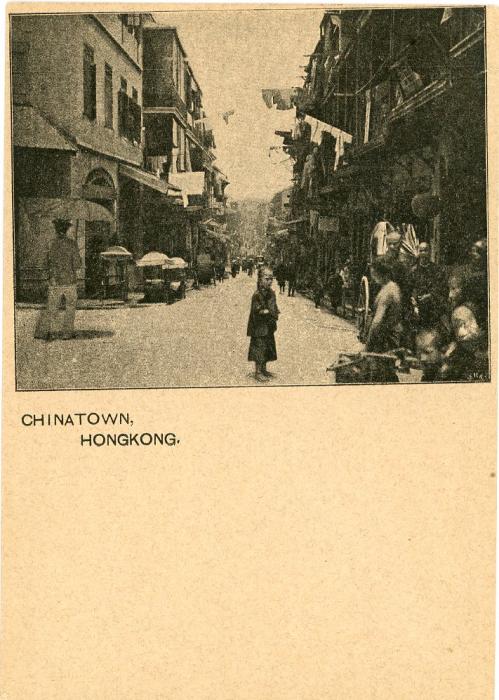 HONG KONG HONG KONG: 1c green postal stationery card illustrated on reverse with street scene entitled CHINATOWN,HONGKONG, few specks on reverse, otherwise fine.