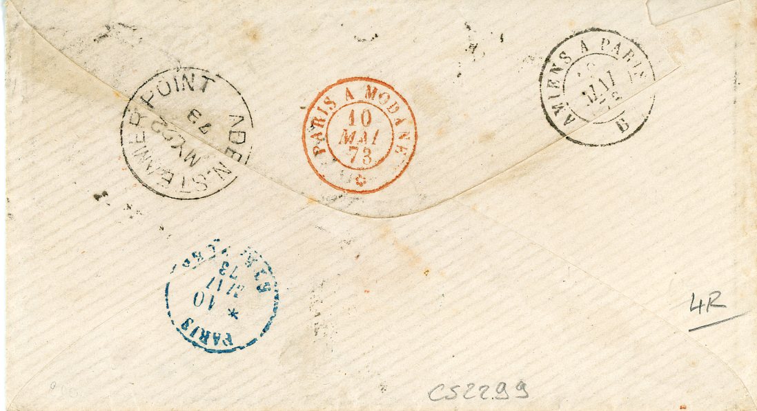 FRANCE / ADEN FRANCE / ADEN: 1873 (9 Mai) envelope to Aden franked France Ceres 1871-75  25c blue pair + 80c rose tied by losange (gros chiffres) 549 with Boulogne-s-Mer despatch alongside, various transits alongside incl. two TPOs, ADEN STEAMER POINT My 22 arrival, v.fine.