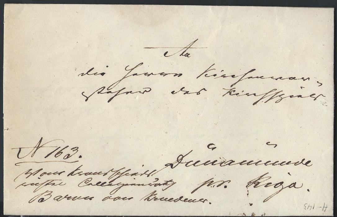 LATVIA 1857 Lemsal entire bearing boxed despatch date stamp (Dobin 1.04) on reverse alongside boxed “RECEIVED /15 AUVUST 1857” and oval Bolderaa receiver (Dobin 4.01) with date insert in manuscript
