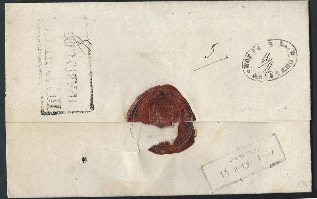 LATVIA 1857 Lemsal entire bearing boxed despatch date stamp (Dobin 1.04) on reverse alongside boxed “RECEIVED /15 AUVUST 1857” and oval Bolderaa receiver (Dobin 4.01) with date insert in manuscript