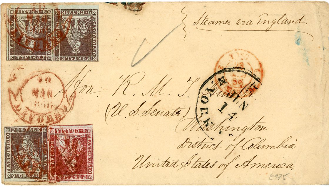 ITALIAN STATES / TUSCANY ITALIAN STATES / TUSCANY: 1856 (10 Mag) envelope addressed to the Senator Robert Hunter in Washington franked 9cr bottom marginal pair + single + 1c, mostly huge margins for this issue with frameline just touched in places, tied by Livorno boleo circolari con bandieruola in red (rare), French transits and Boston arrival (Jun 14), endorsed Steamer via England, outstanding cover.
