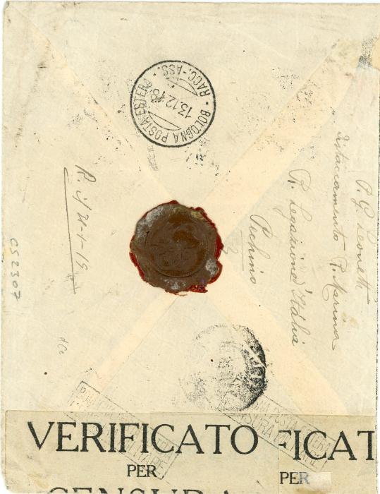 CHINA / ITALIAN POST OFFICE CHINA / ITALIAN POST OFFICE: 1913 (19 10) Registered censored envelope to Italy franked Italy 20c + 25c both ovpt. PECHINO tied by POSTE ITALIANE PECHINO-CINA cds with matching registered label alongside, redirected on arrival, Bologna 13 12 arrival backstamp, Verificato/Per/Censura label & Bologna censor hss, fine & rare.
