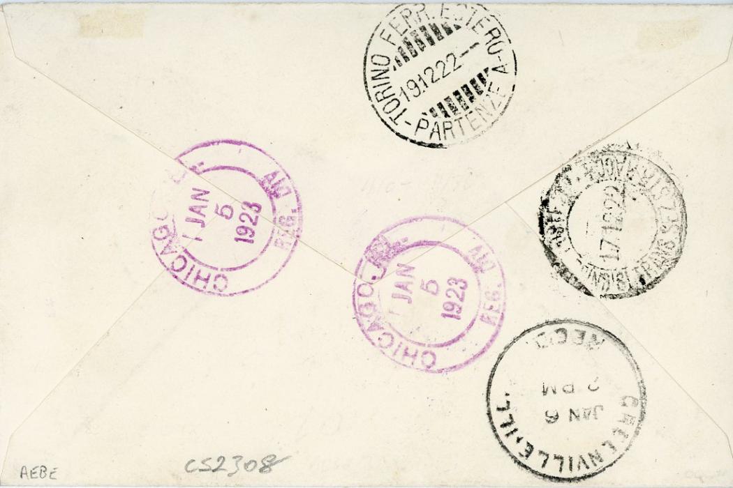 CHINA / ITALIAN POST OFFICE CHINA / ITALIAN POST OFFICE: 1922 (30 5) Registered EXPRESS cover to USA franked Tientsin surch. issue 2c on 5c + 4c on 10c (20 + 10c on 25c + Express 12c on 30c all tied by R.R.Poste Italiano Tientsin China cdss, hs violet R.R.ITALIANE-TIENTSIN/NON MULTABILE/AFFRANCATURA SECONDO TARIFFA/POSTE CINESI, Torino transit 19/12, Chicago (Jan 1 23), arrival (jan 6).