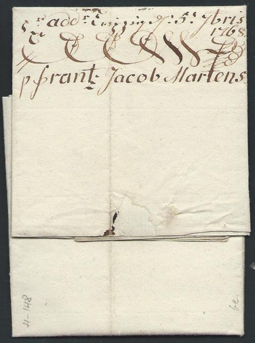 POLAND 1768 Entire sent from Warsaw to Verviers (Belgium) showing variety of manuscript rates, as well as a very scarce “Franz Martens / Lepizig” forwarding agent’s mark