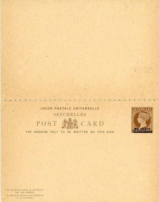 SEYCHELLES SEYCHELLES: QV 1902 SIX CENTS on eight cents brown reply card with reply portion showing variety MISSING SIX, fine & rare H&G 8a