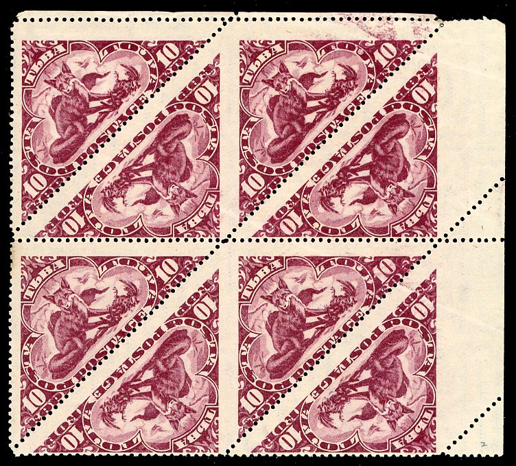TUVA / RUSSIA TUVA: Corsac Fox 10k crimson block of 8 with variety IMPERF vertically between central pair and margin (Zverev cat. $3500) faint crease and trace of offset, fine.