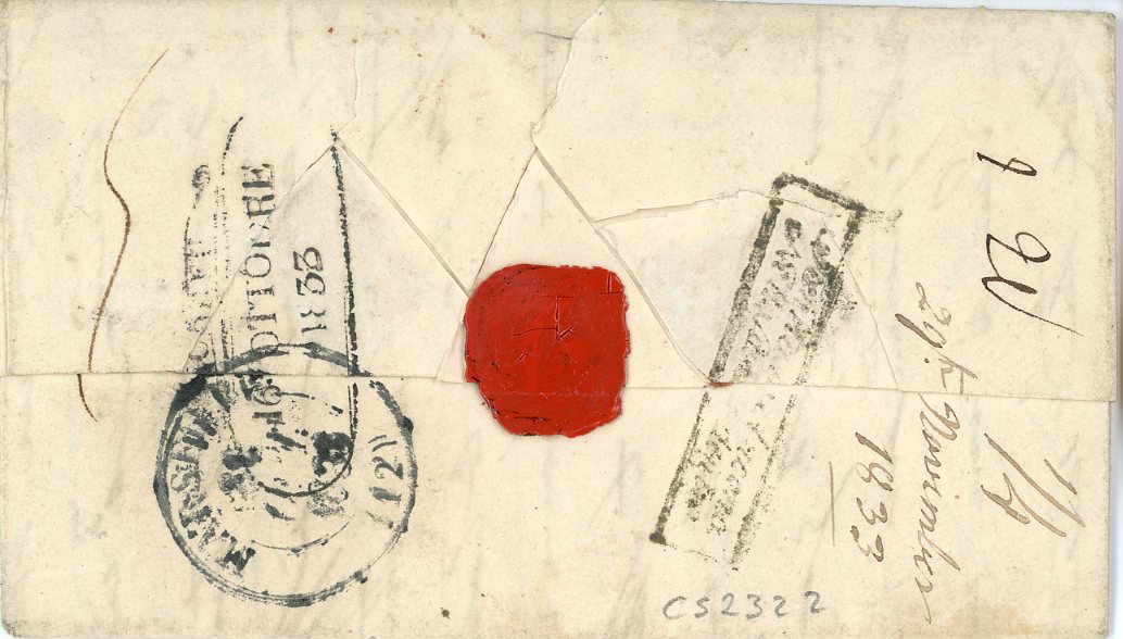 IONIAN ISLANDS IONIAN ISLANDS: 1833 (Oct 13) Part folded letter to France with ms dateline ITHACA Oct. 33, routed via Ancona with ACONA s/l hs, very scarce JONIA in red, oval Posta Generale / CORFU ornate cancel, further hs AT in red, TS & boxed ITALIE PAR ANTIBES in black, CORFU dispatch, Marseille and disinfection marks on reverse