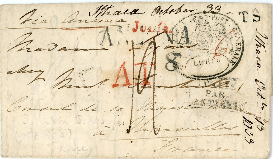 IONIAN ISLANDS IONIAN ISLANDS: 1833 (Oct 13) Part folded letter to France with ms dateline ITHACA Oct. 33, routed via Ancona with ACONA s/l hs, very scarce JONIA in red, oval Posta Generale / CORFU ornate cancel, further hs AT in red, TS & boxed ITALIE PAR ANTIBES in black, CORFU dispatch, Marseille and disinfection marks on reverse