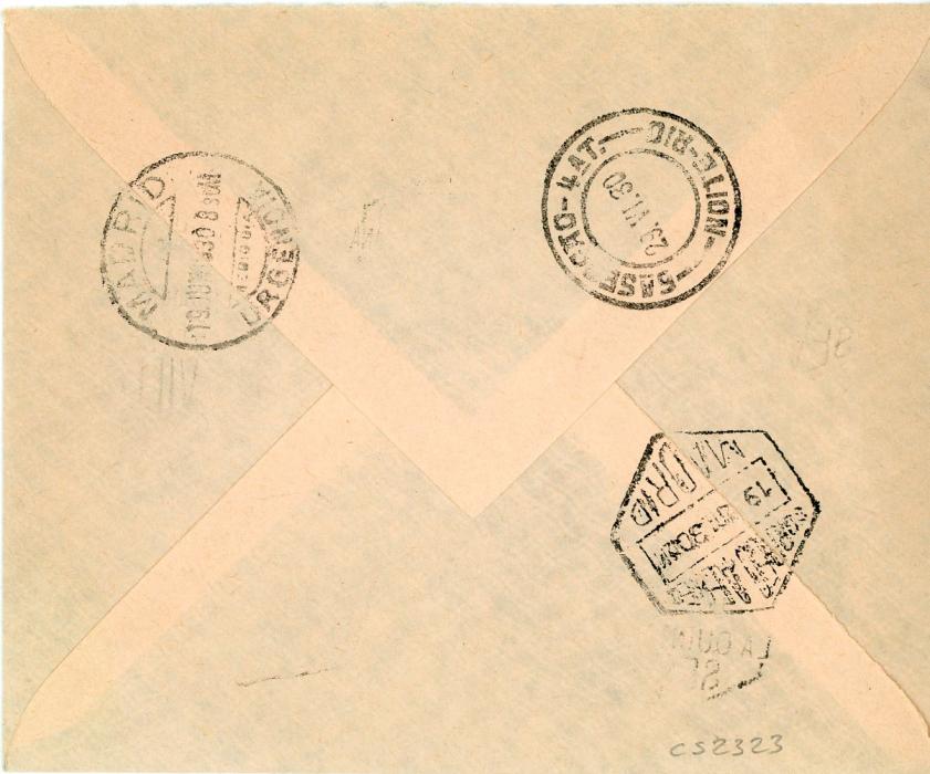 SPAIN SPAIN: 1930 (17 JU) Envelope to Brazil franked GOYA 30c + 50c + 1p + 4p tied by special Exposicion Quinta da Goya Sevilla hexagonal ds;s, Madrid transit (19 JU), Brazil arrival (29 VI), very fine