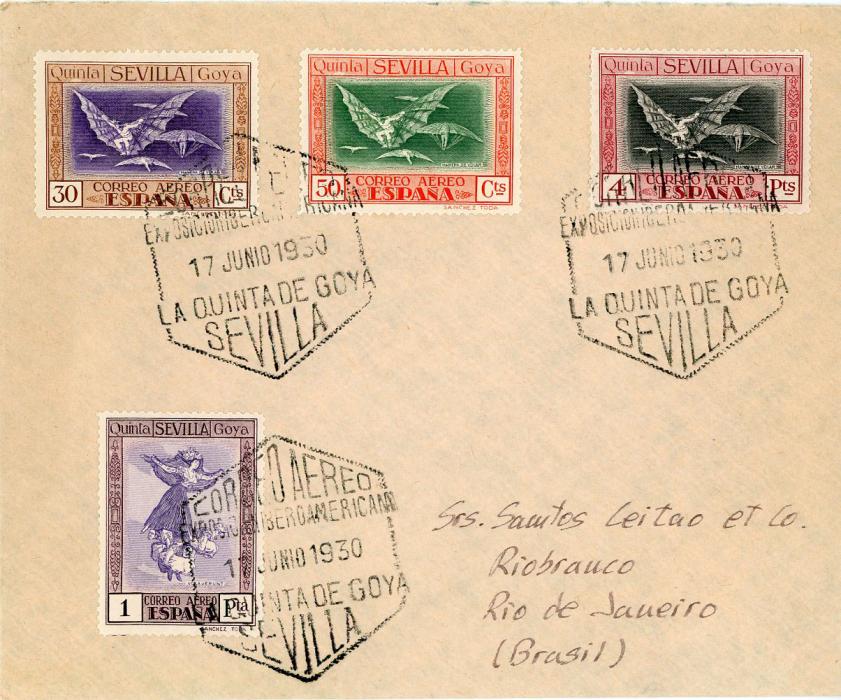 SPAIN SPAIN: 1930 (17 JU) Envelope to Brazil franked GOYA 30c + 50c + 1p + 4p tied by special Exposicion Quinta da Goya Sevilla hexagonal ds;s, Madrid transit (19 JU), Brazil arrival (29 VI), very fine