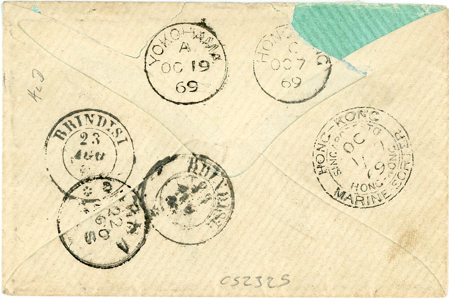 ITALY / JAPAN ITALY / JAPAN: 1869 (22 Ago) envelope franked Italy 40c pair (left hand stamp with tear) tied by 493 rhomboid of dots with Borgo S.Donino dispatch, Parma (22 8), Brindisi (23 8), British PO Alexandria (Au 27), British Yokohama arrival (oc 19), very fine Singapore to Hongkong Marine Sorter on reverse (Oc 1), small part of backflap missing