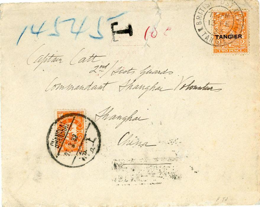 MOROCCO / CHINA MOROCCO / CHINA: 1933 (13 FE) pre-printed Continental Hotel envelope to China franked GB 2d orange ovpt. TANGIER tied by British P.O. Tangier cds, black T applied alongside, Chinese 10c orange postage due applied on arrival tied by Shanghai cds, on reverse Gibraltar transit (14 Fe) and Hong Kong (23 MR), also boxed 1st Notice SENT /ON ms 27 3 and similar 2nd Notice ... 30 3, tear at top of envelope clear of adhesives, highly unusual