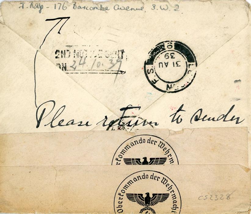 CHINA / GREAT BRITAIN CHINA / GREAT BRITAIN: 1939 envelope addressed to Cabin 120, P&O ss Viceroy of India, c/o GPO London, franked GB 1 1/2d, forwarded to Shanghai where 20c orange postage due applied, undelivered, boxed INCONNU/UNKNOWN hs in ultramarine, censored en route with Obercommando der Wehrmacht imprint , on reverse 2ND NOTICE SENT/ON ...(ms date), unusual